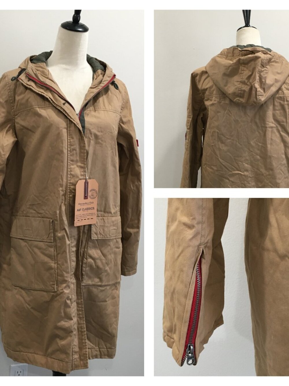 NWT A&F ABERCROMBIE & FITCH Zip Sleeve Hidden Button Hooded Parka Coat Jacket